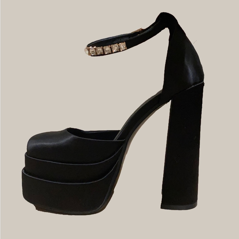 Black Platform Chunky Satin Heels with Rhinestone Strap